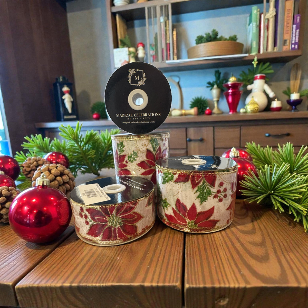 Poinsettia and Holly Berry Wire Ribbon