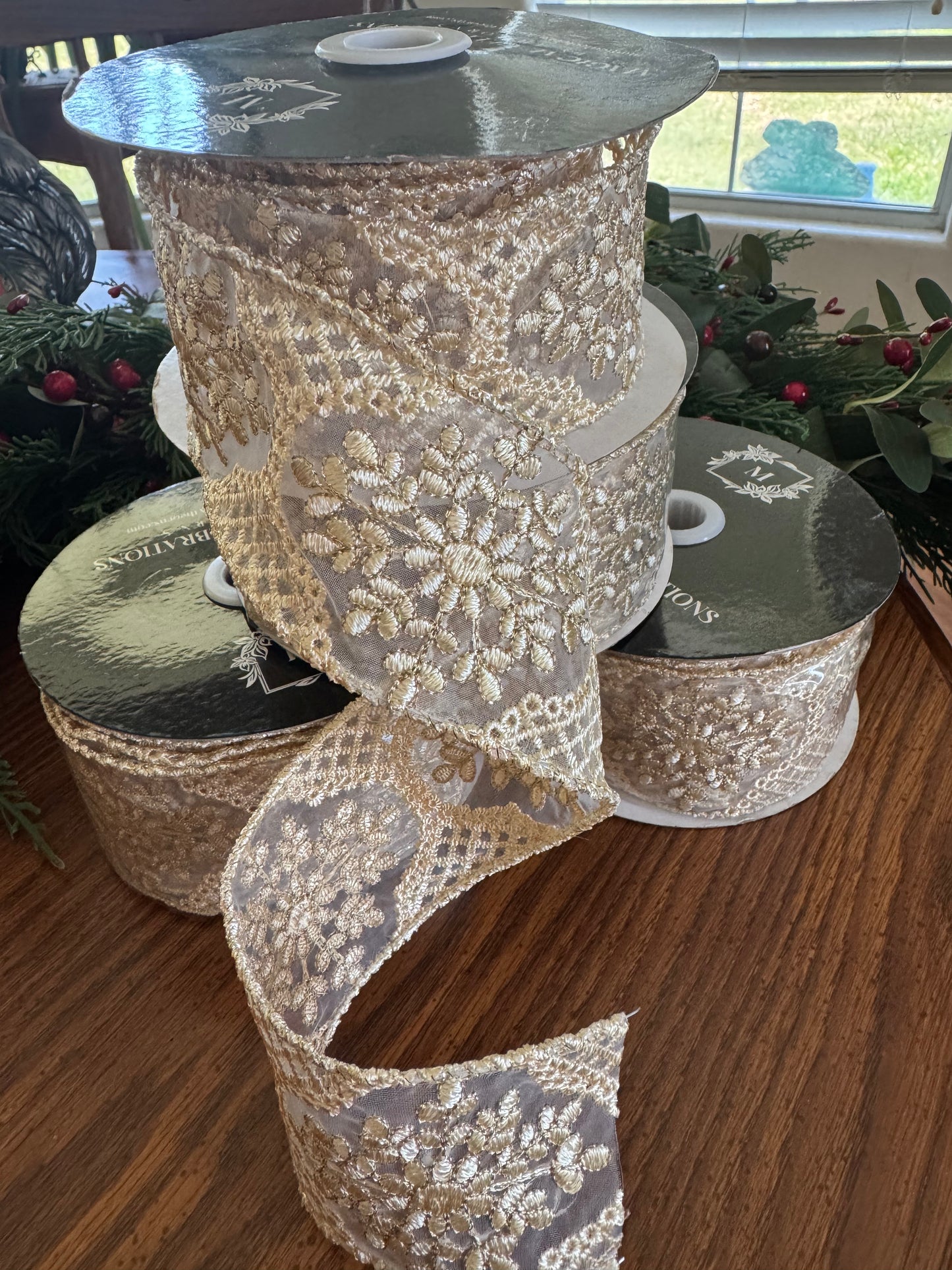 2.5" Tan Embroidered Wire Edge Ribbon — Sheer Mesh with Woven Macramé Detail
