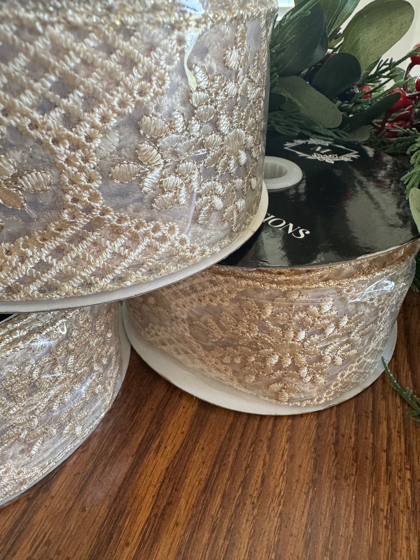 2.5" Tan Embroidered Wire Edge Ribbon — Sheer Mesh with Woven Macramé Detail