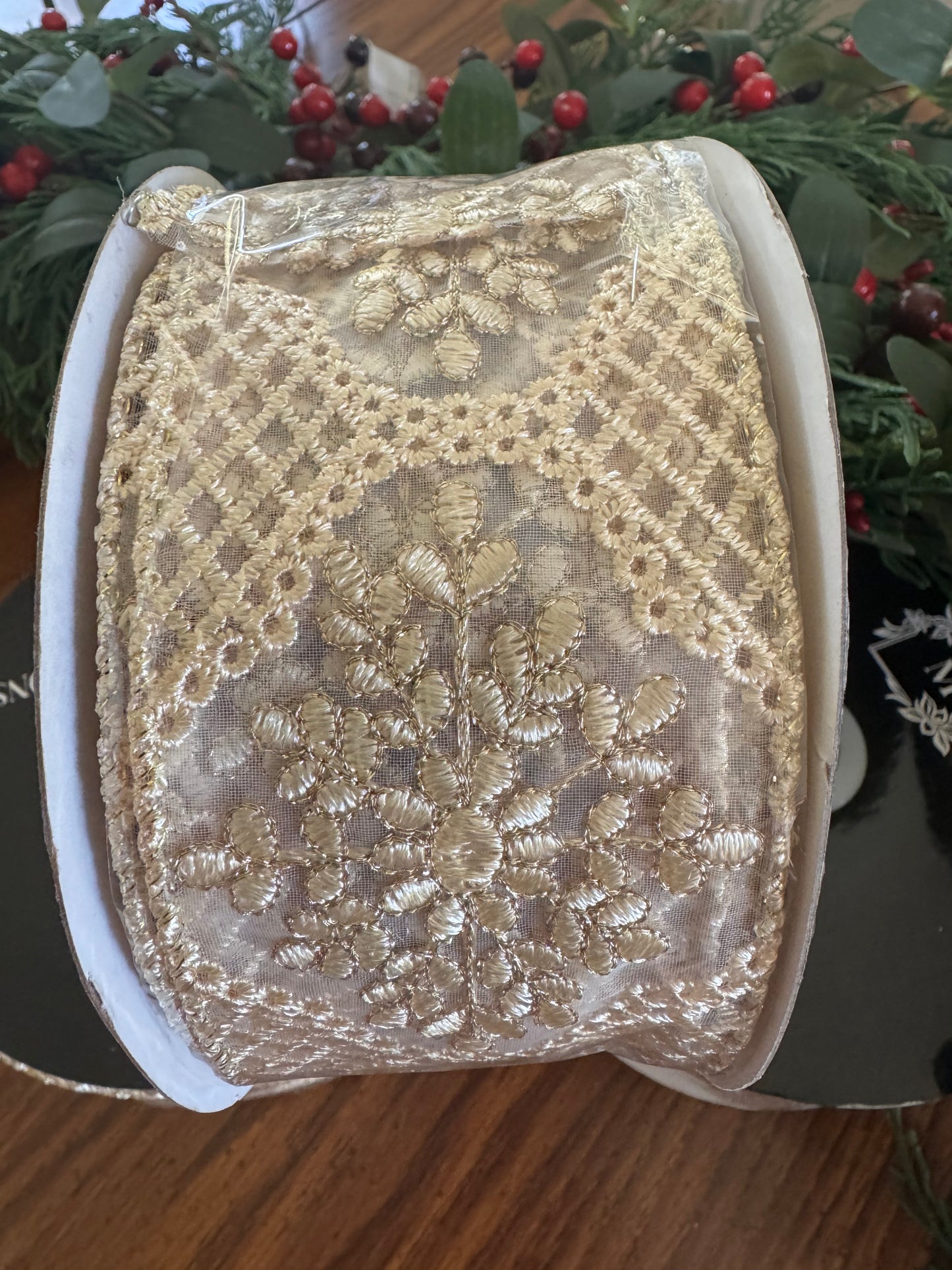 2.5" Tan Embroidered Wire Edge Ribbon — Sheer Mesh with Woven Macramé Detail