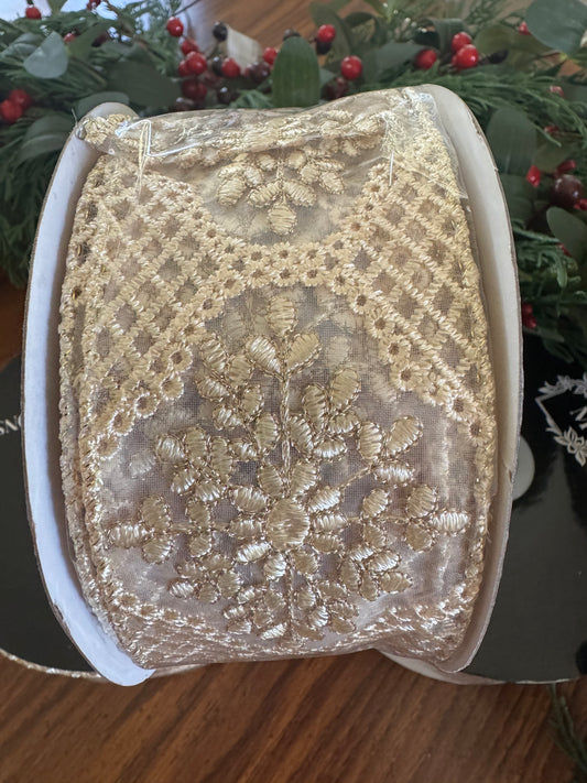 2.5" Tan Embroidered Wire Edge Ribbon — Sheer Mesh with Woven Macramé Detail