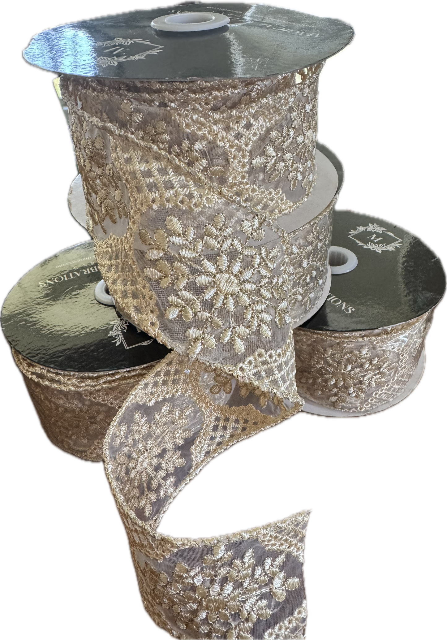 2.5" Tan Embroidered Wire Edge Ribbon — Sheer Mesh with Woven Macramé Detail