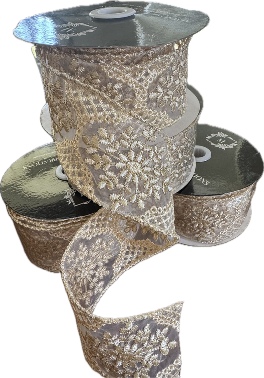 2.5" Tan Embroidered Wire Edge Ribbon — Sheer Mesh with Woven Macramé Detail