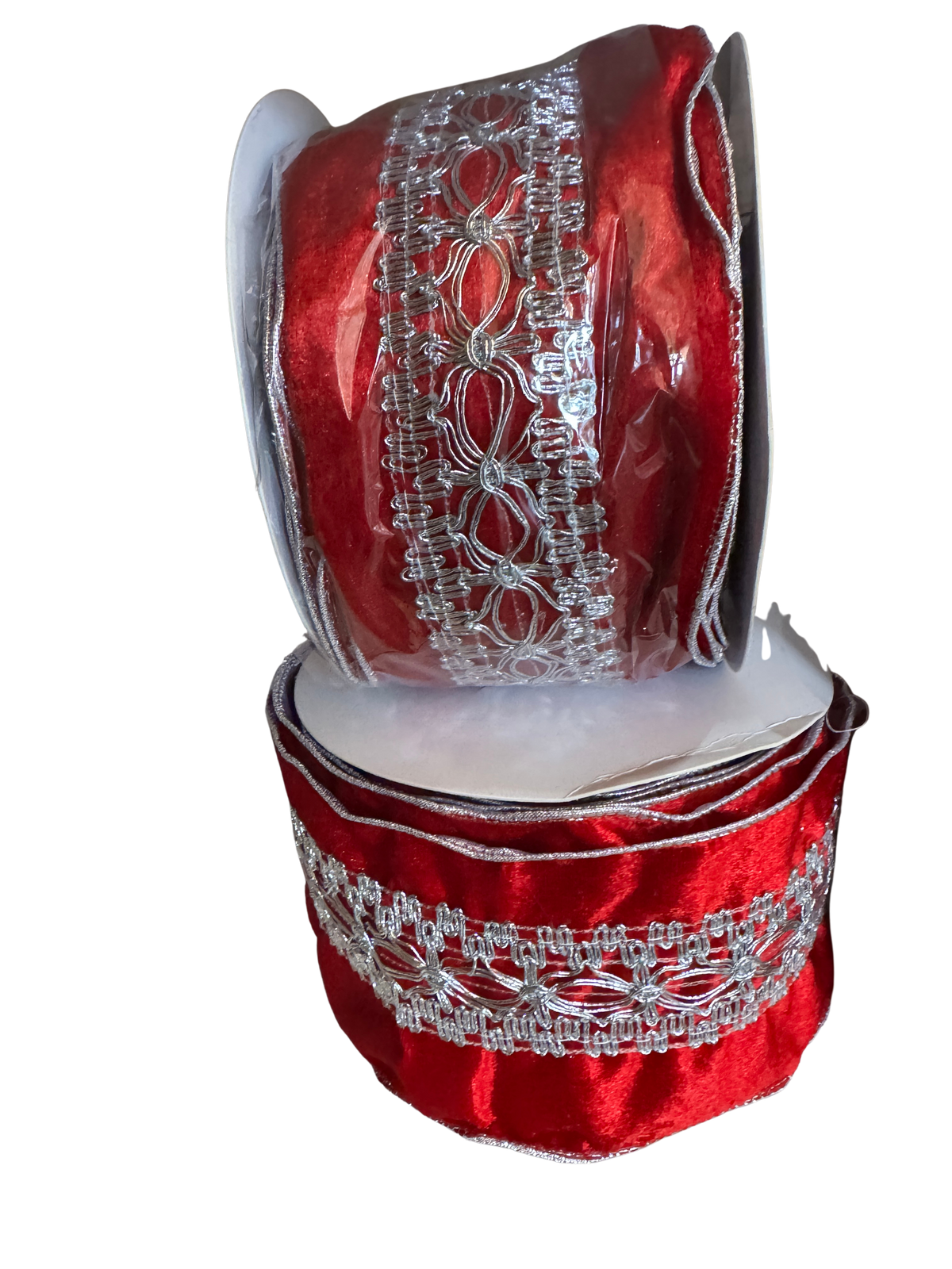 4" Red Velvet Ribbon with Silver Embroidered Scrollwork – 10 Yard Roll