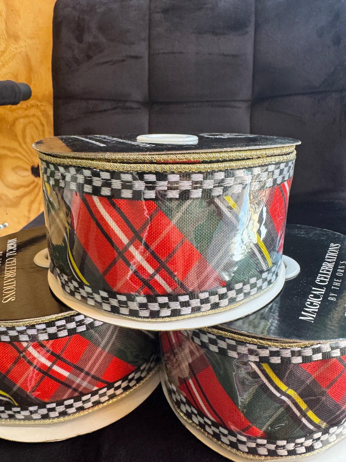 2.5" Red Black Green Diagonal Stripe with Black White Checkered Border