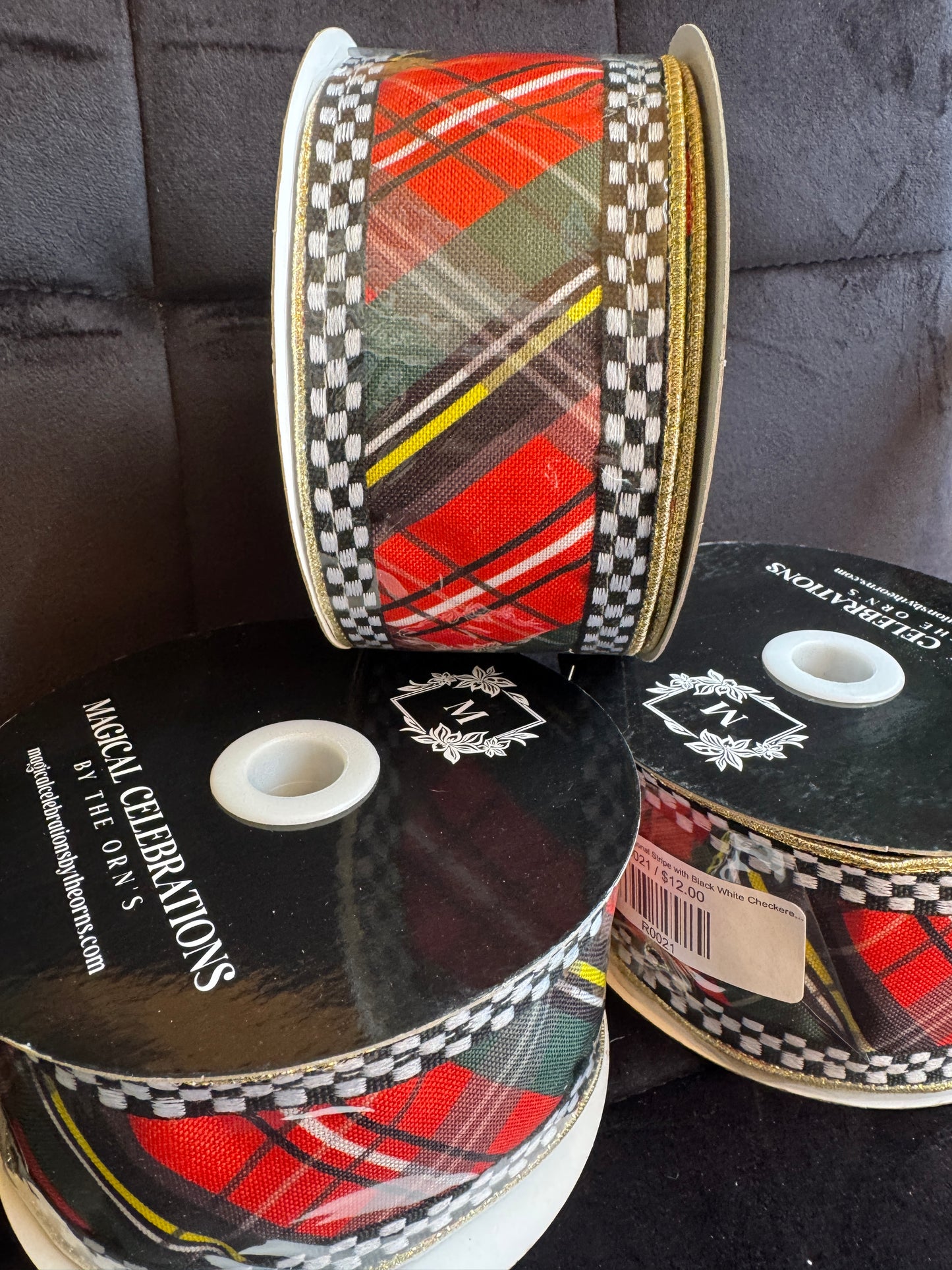 2.5" Red Black Green Diagonal Stripe with Black White Checkered Border