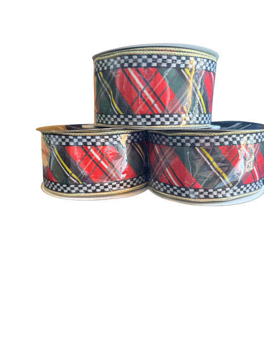 2.5" Red Black Green Diagonal Stripe with Black White Checkered Border