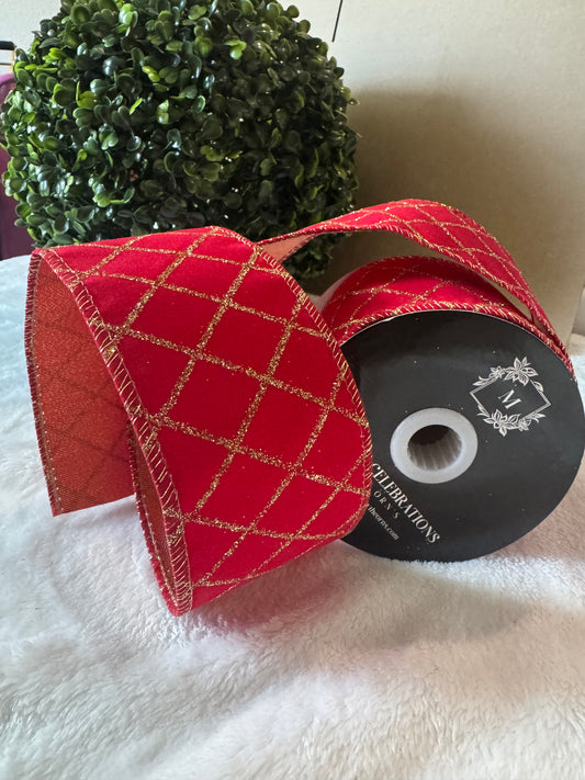 2.5" Red Velvet Ribbon with Gold Glitter Lattice and Sparkle Back – Wired Edge
