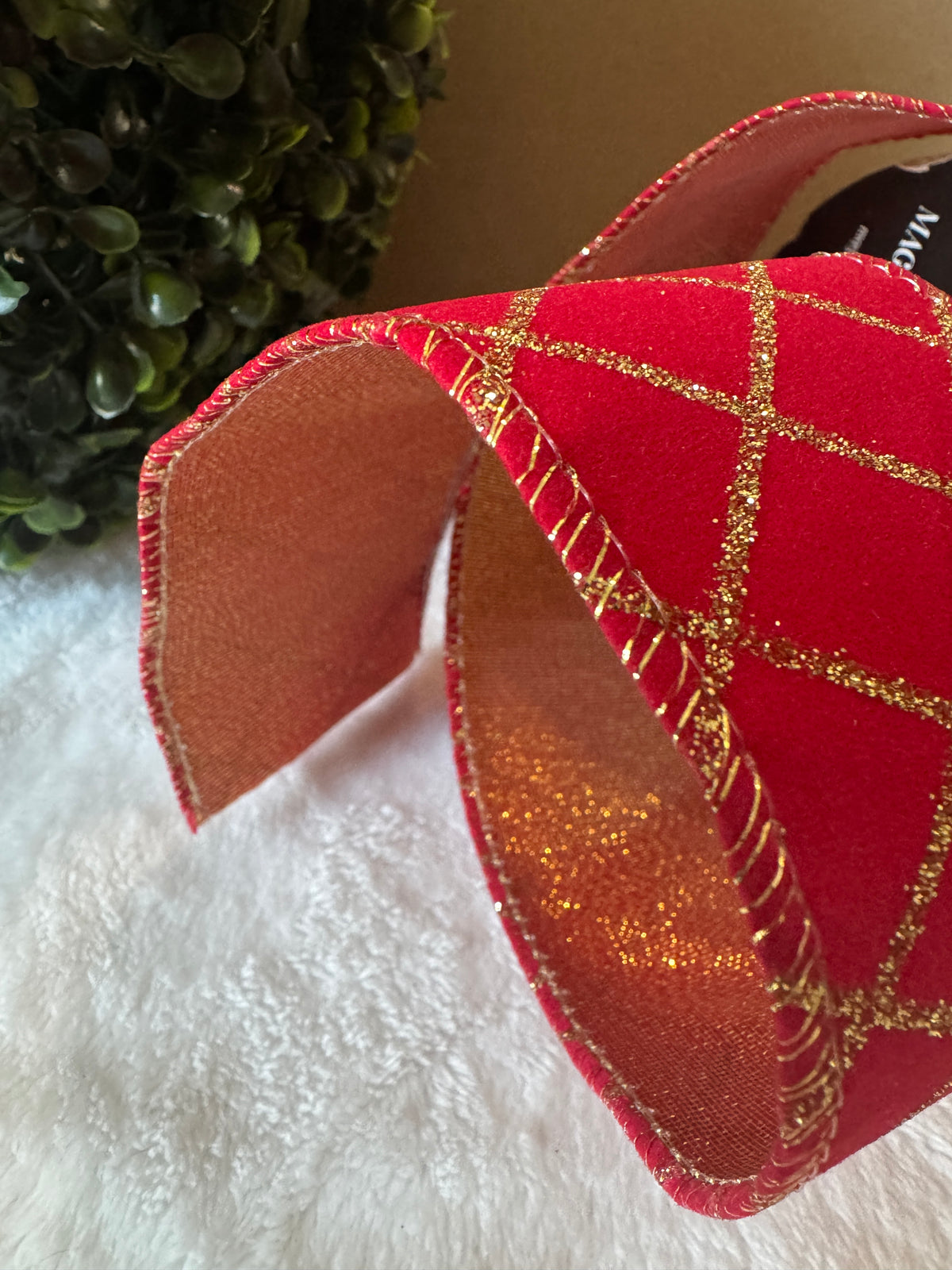 2.5" Red Velvet Ribbon with Gold Glitter Lattice and Sparkle Back – Wired Edge