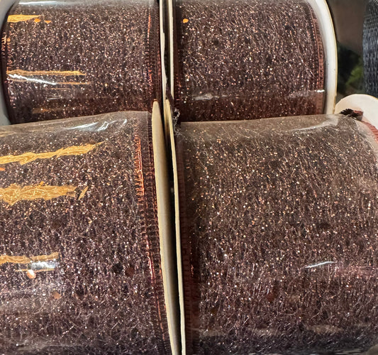 2.5 inch Bronze Glitter Lace Pattern Wire Edge Ribbon