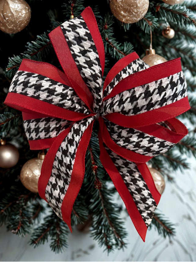 Black and White Houndstooth pattern with Red Border Wire Edge Ribbon 2.5 Inch Wide