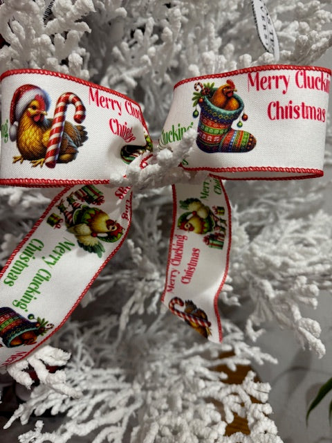 2.5" Wire Edge Ribbon – Chickens in Santa & Elf Suits, “Merry Clucking Christmas” – 10 Yard Roll