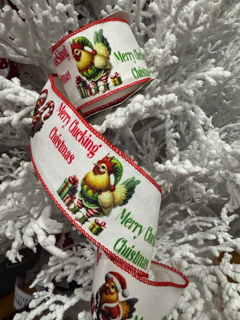 2.5" Wire Edge Ribbon – Chickens in Santa & Elf Suits, “Merry Clucking Christmas” – 10 Yard Roll