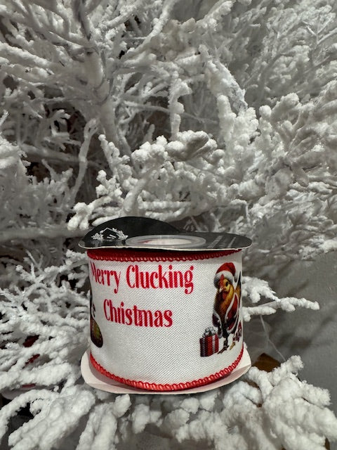 2.5" Wire Edge Ribbon – Chickens in Santa & Elf Suits, “Merry Clucking Christmas” – 10 Yard Roll
