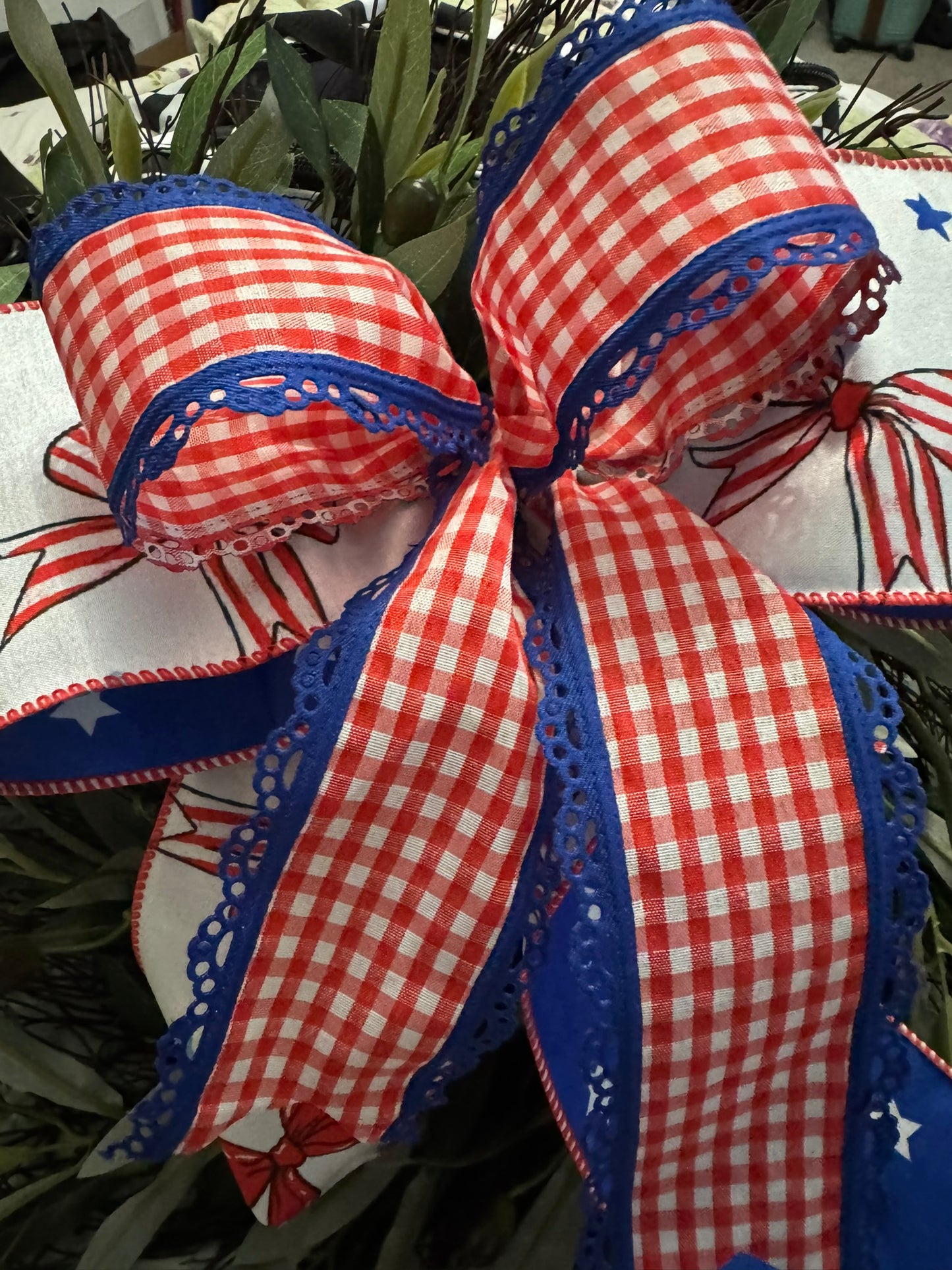 2.5" Patriotic Gingham Ribbon w Blue Lace Trim