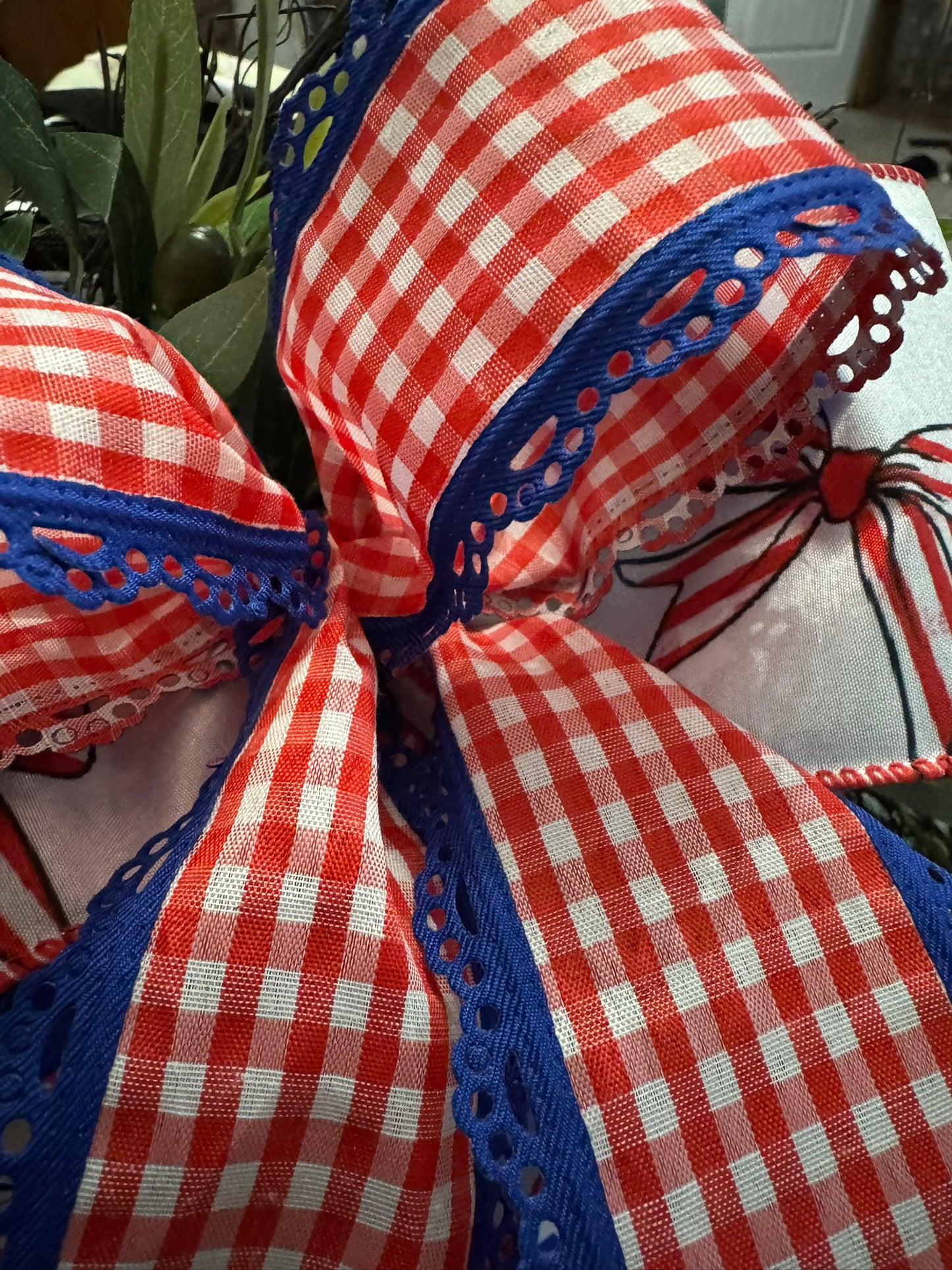 2.5" Patriotic Gingham Ribbon w Blue Lace Trim