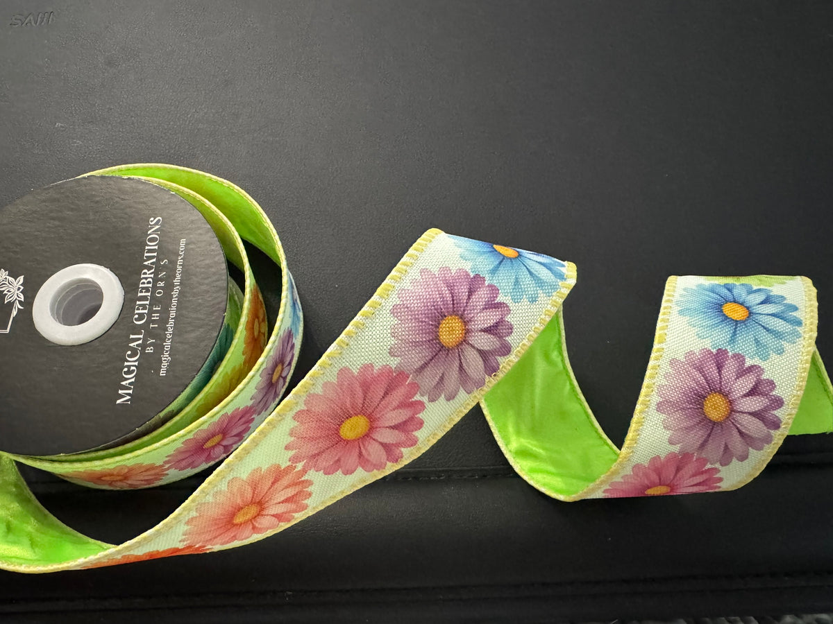 1.5" Dual Side Daisy Ribbon Green Back