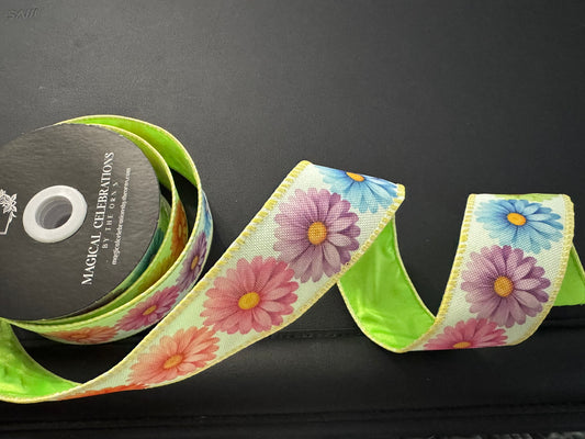 1.5" Dual Side Daisy Ribbon Green Back