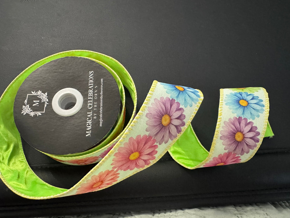 1.5" Dual Side Daisy Ribbon Green Back