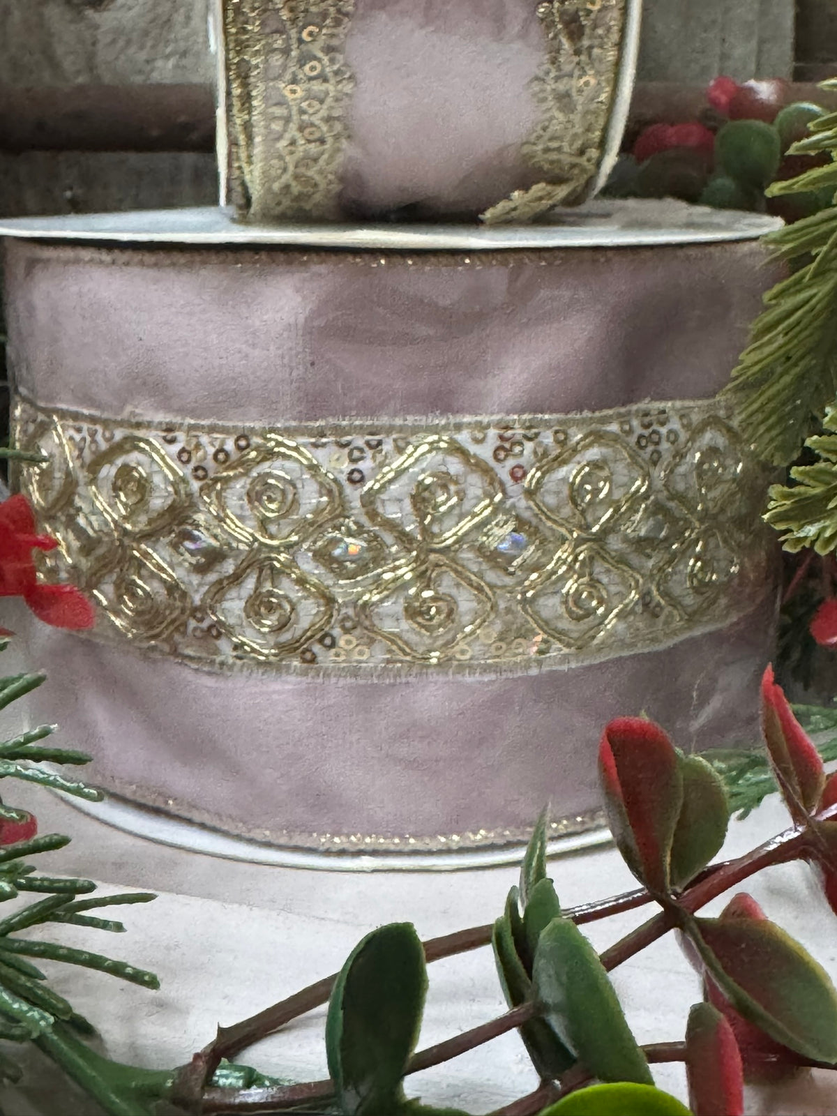 Pink Velvet Ribbon with Gold Embellishments & Sequins – 4" x 10 Yards