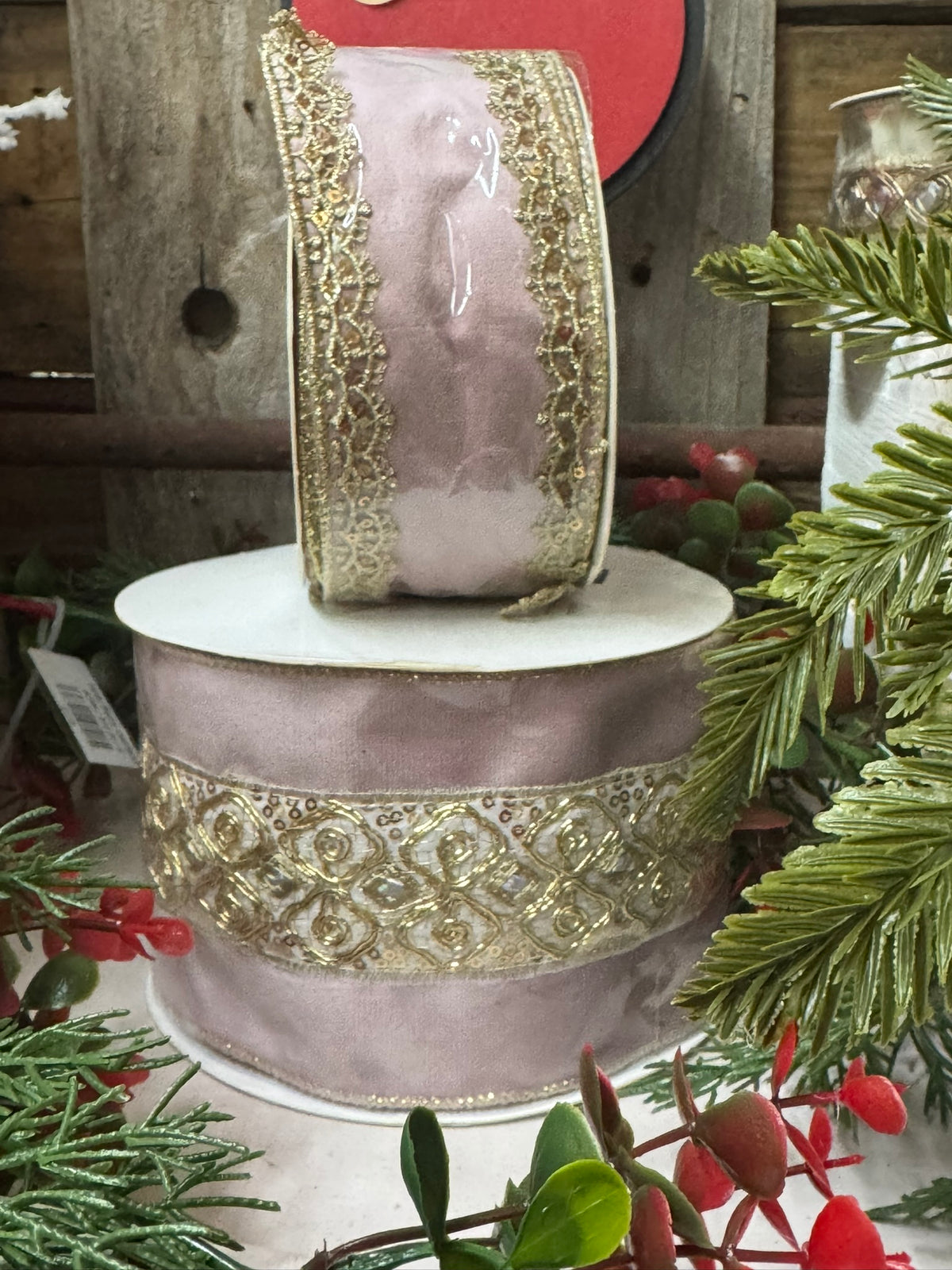 Pink Velvet Ribbon with Gold Embellishments & Sequins – 4" x 10 Yards