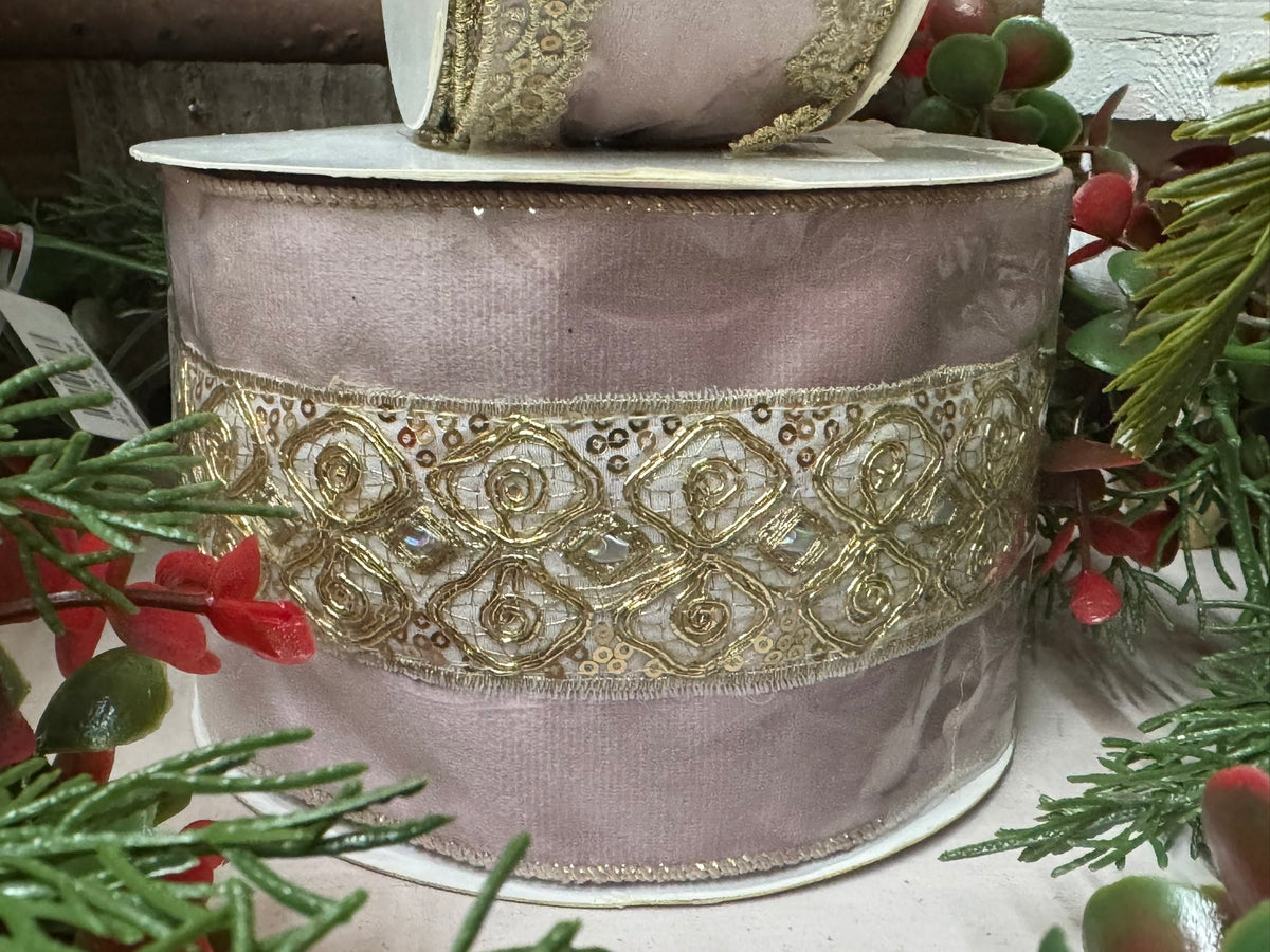 Pink Velvet Ribbon with Gold Embellishments & Sequins – 4" x 10 Yards