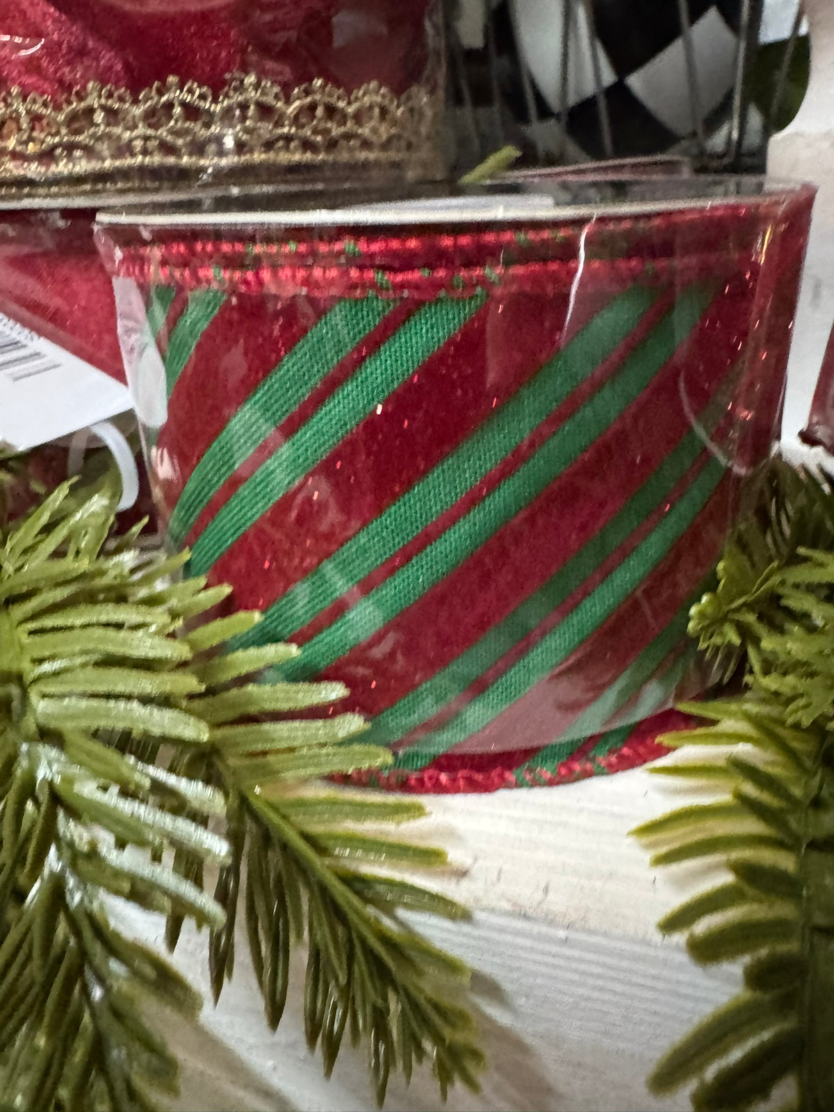 2.5 In Green Ribbon with Diagonal Red Stripes