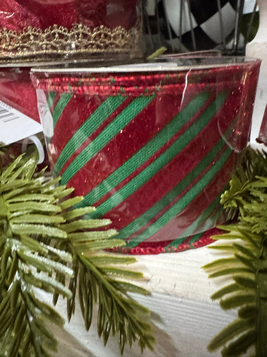 2.5 In Green Ribbon with Diagonal Red Stripes