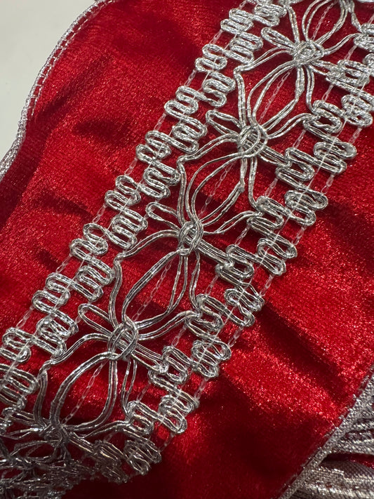 4" Red Velvet Ribbon with Silver Embroidered Scrollwork – 10 Yard Roll