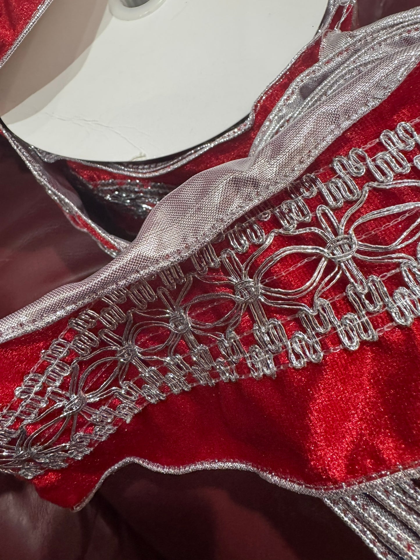4" Red Velvet Ribbon with Silver Embroidered Scrollwork – 10 Yard Roll