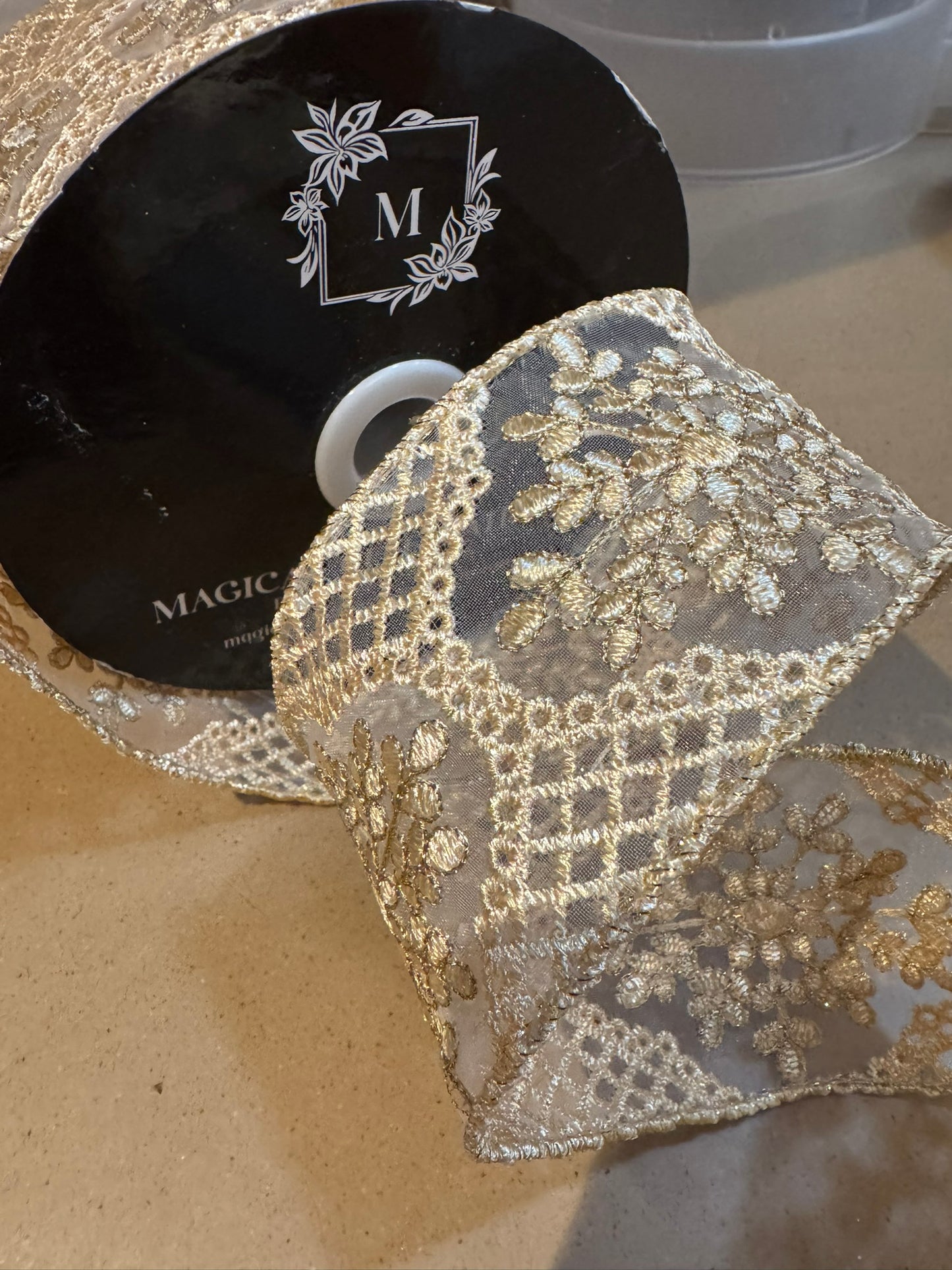 2.5" Tan Embroidered Wire Edge Ribbon — Sheer Mesh with Woven Macramé Detail