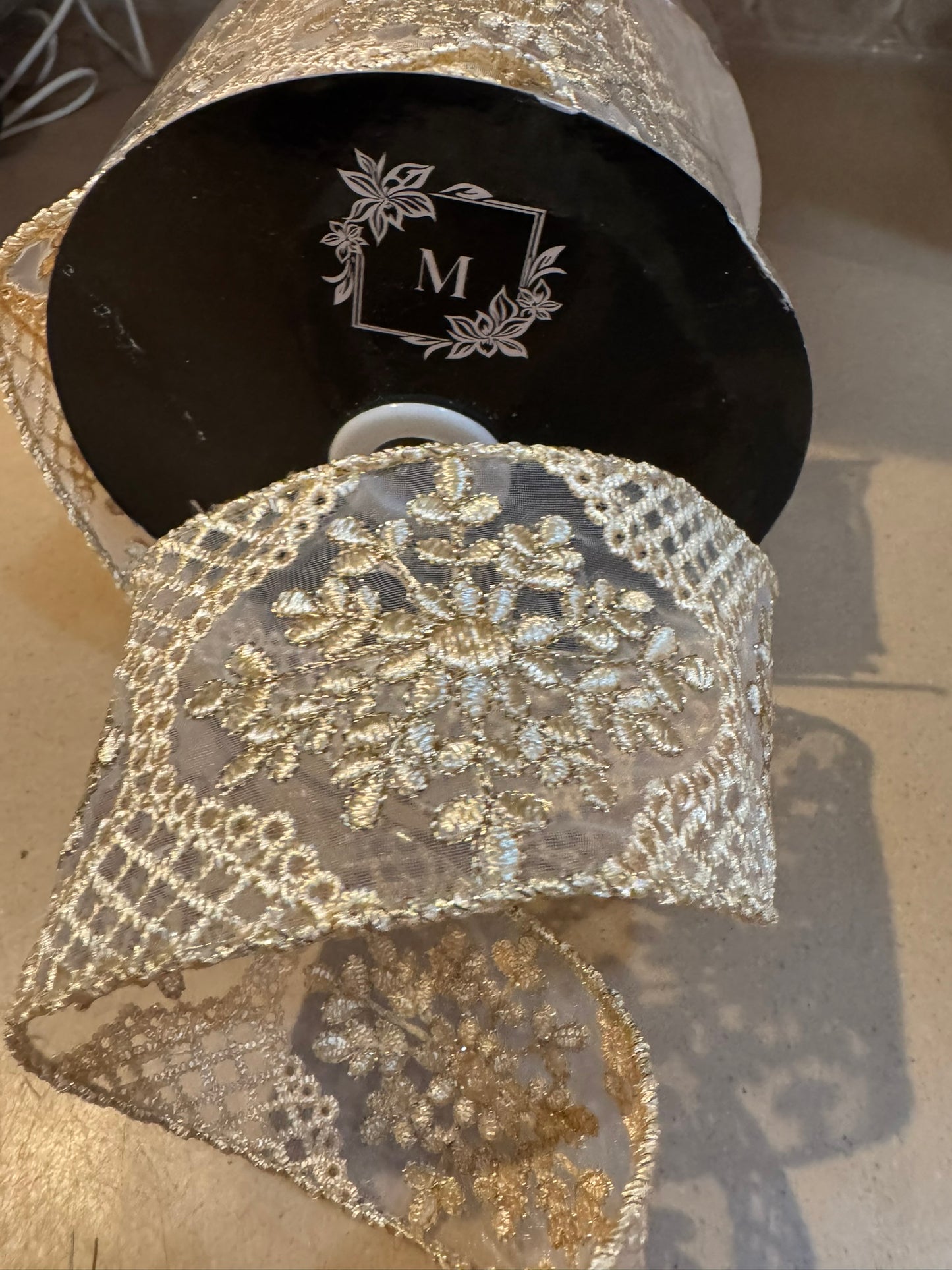 2.5" Tan Embroidered Wire Edge Ribbon — Sheer Mesh with Woven Macramé Detail