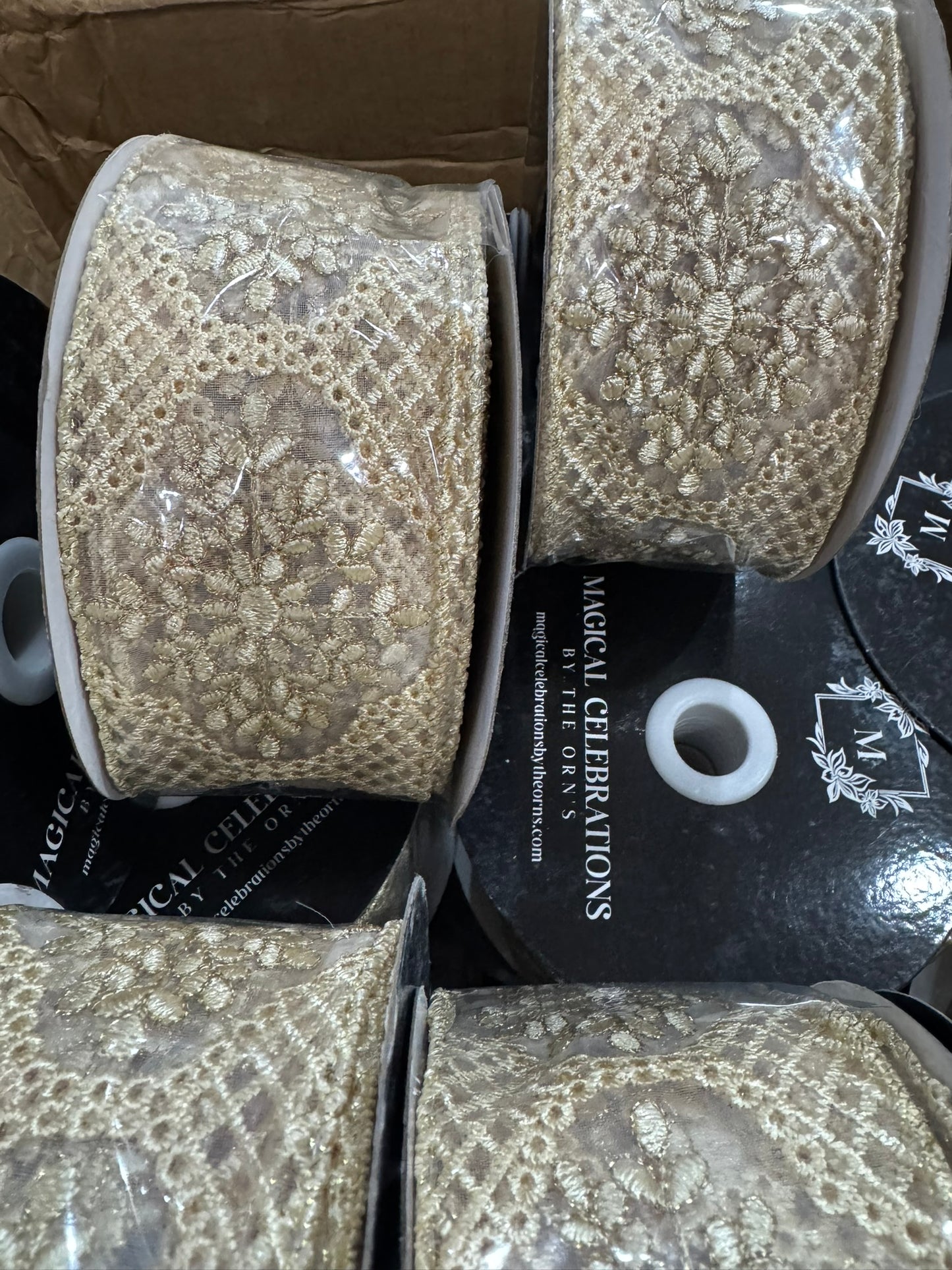 2.5" Tan Embroidered Wire Edge Ribbon — Sheer Mesh with Woven Macramé Detail