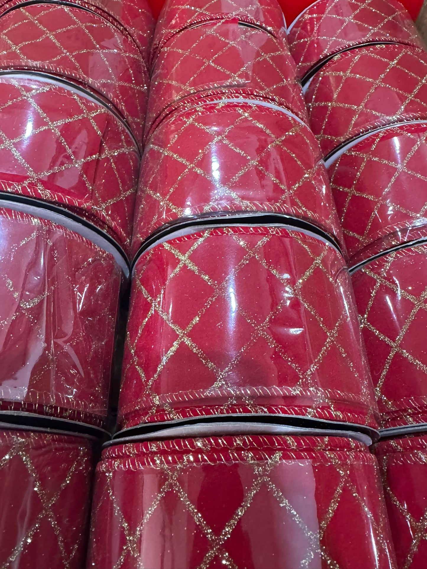 2.5" Red Velvet Ribbon with Gold Glitter Lattice and Sparkle Back – Wired Edge