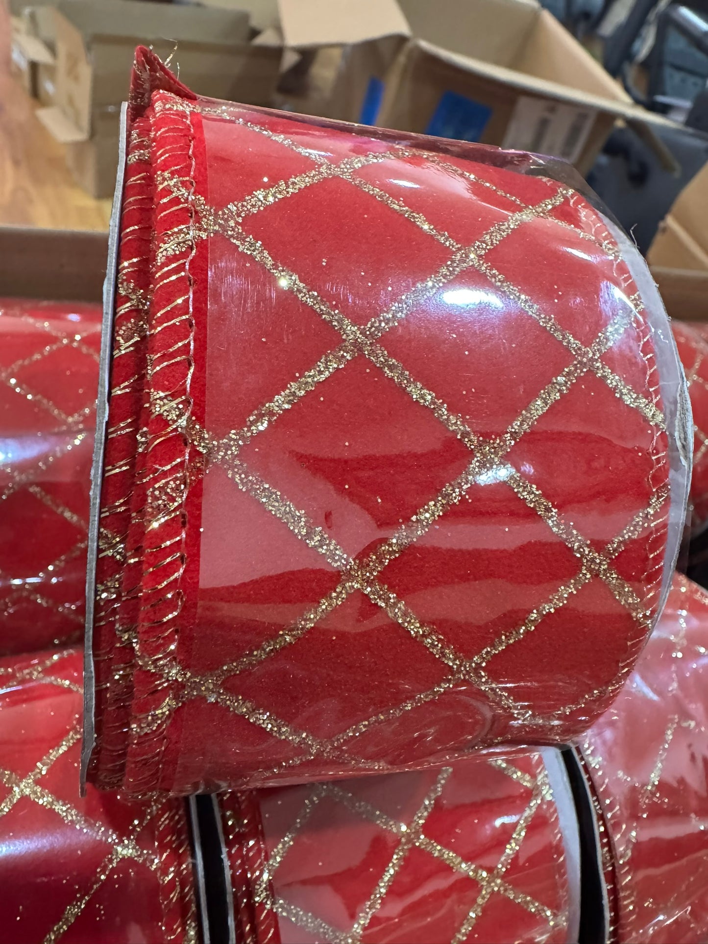 2.5" Red Velvet Ribbon with Gold Glitter Lattice and Sparkle Back – Wired Edge