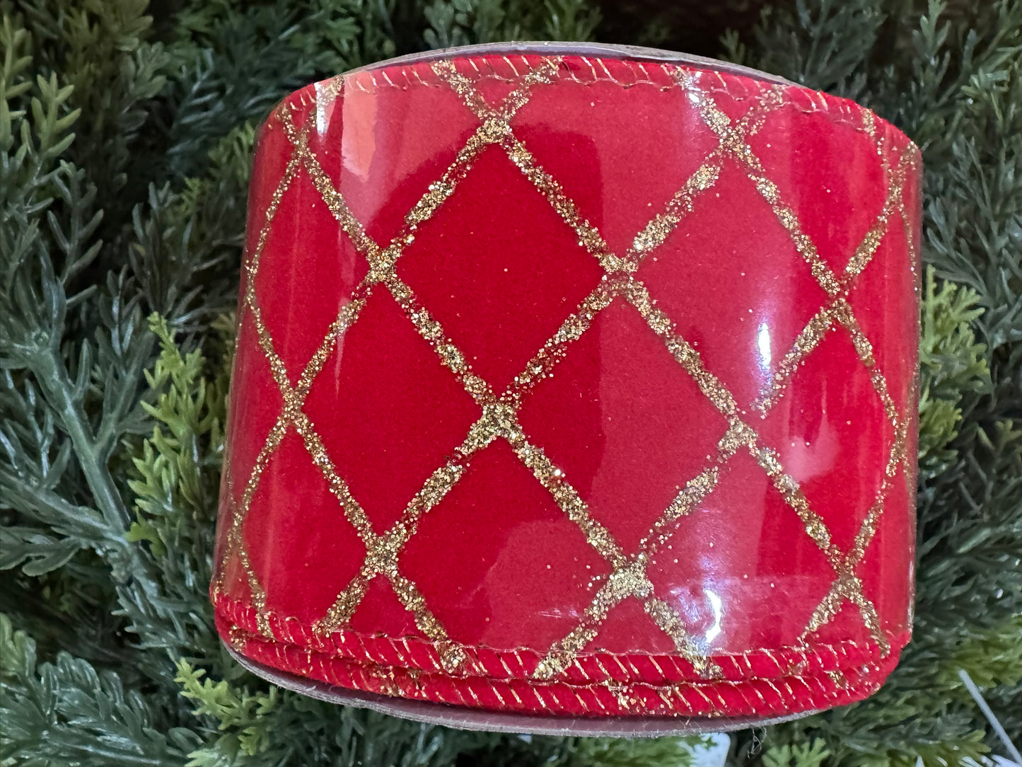 2.5" Red Velvet Ribbon with Gold Glitter Lattice and Sparkle Back – Wired Edge