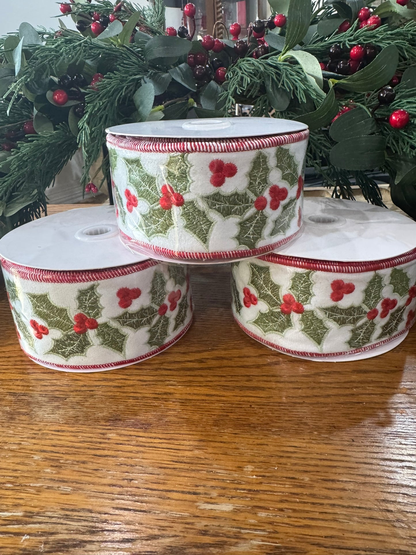 2.5" Embroidered Holly Ribbon for Christmas Bows & Décor – White, Red & Green