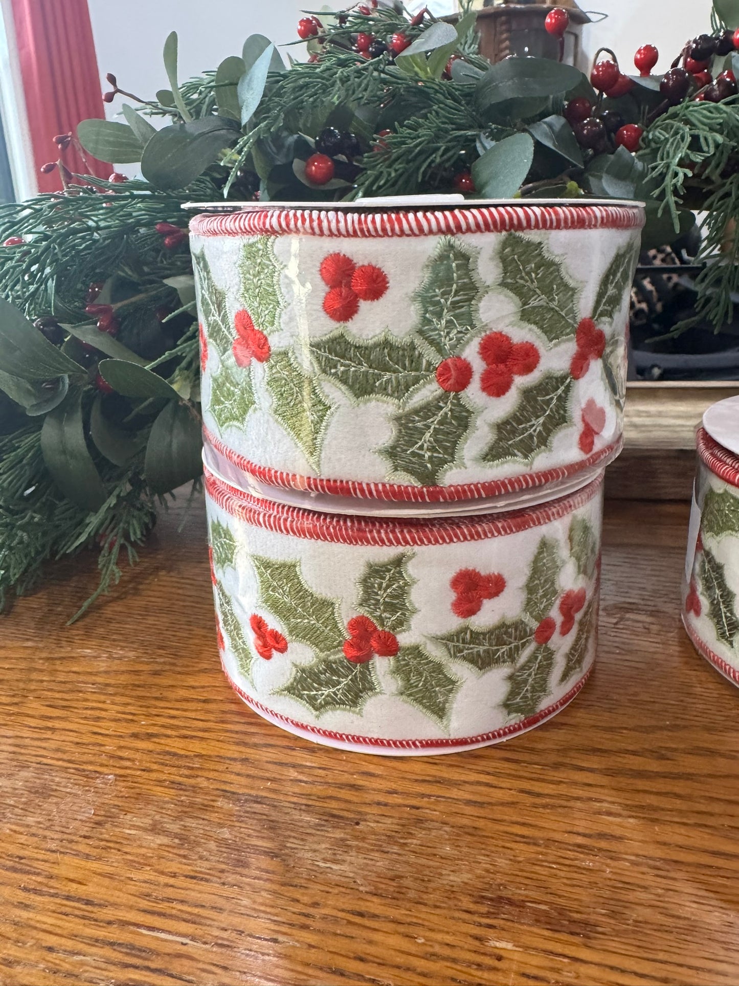 2.5" Embroidered Holly Ribbon for Christmas Bows & Décor – White, Red & Green