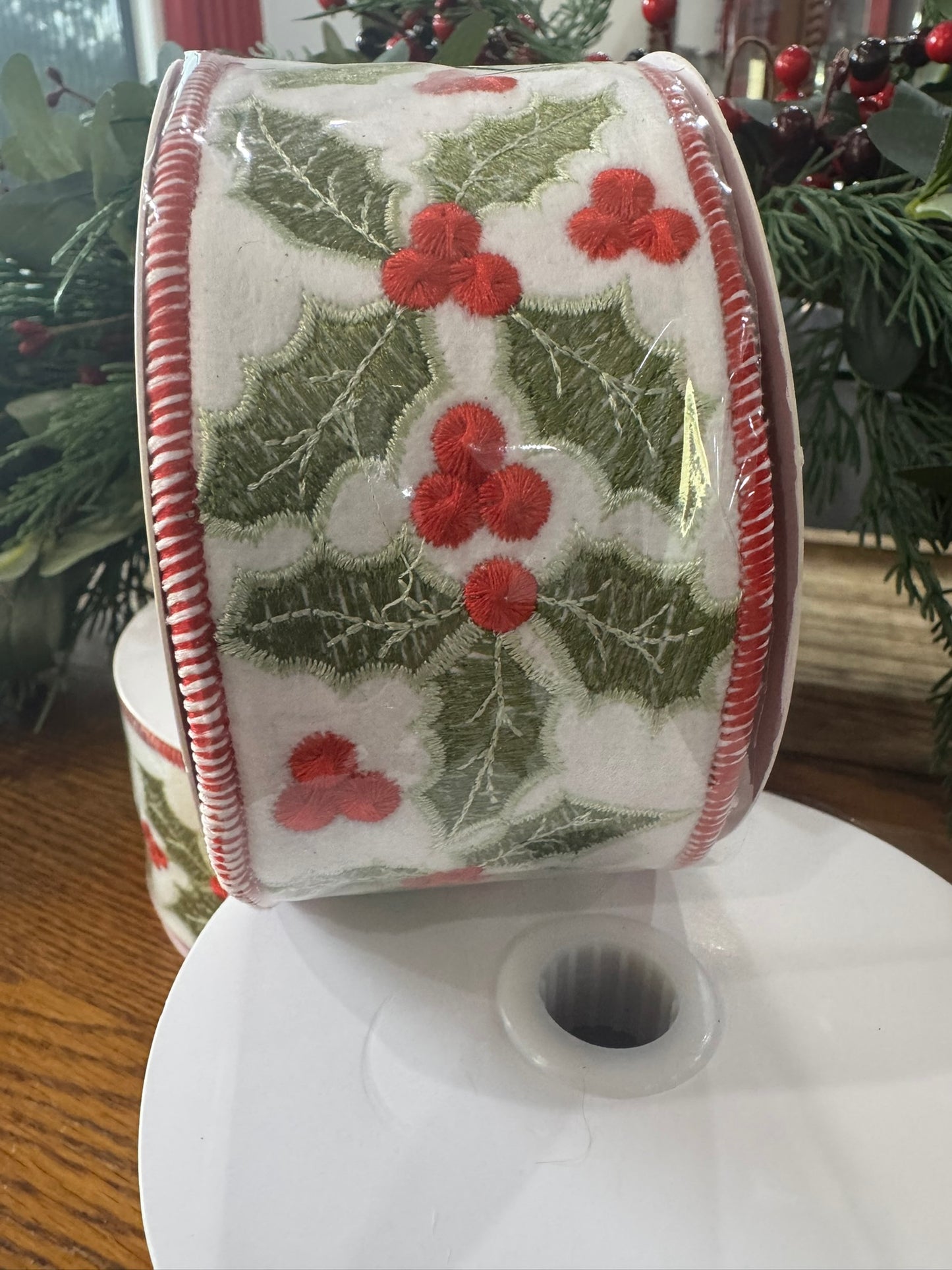 2.5" Embroidered Holly Ribbon for Christmas Bows & Décor – White, Red & Green