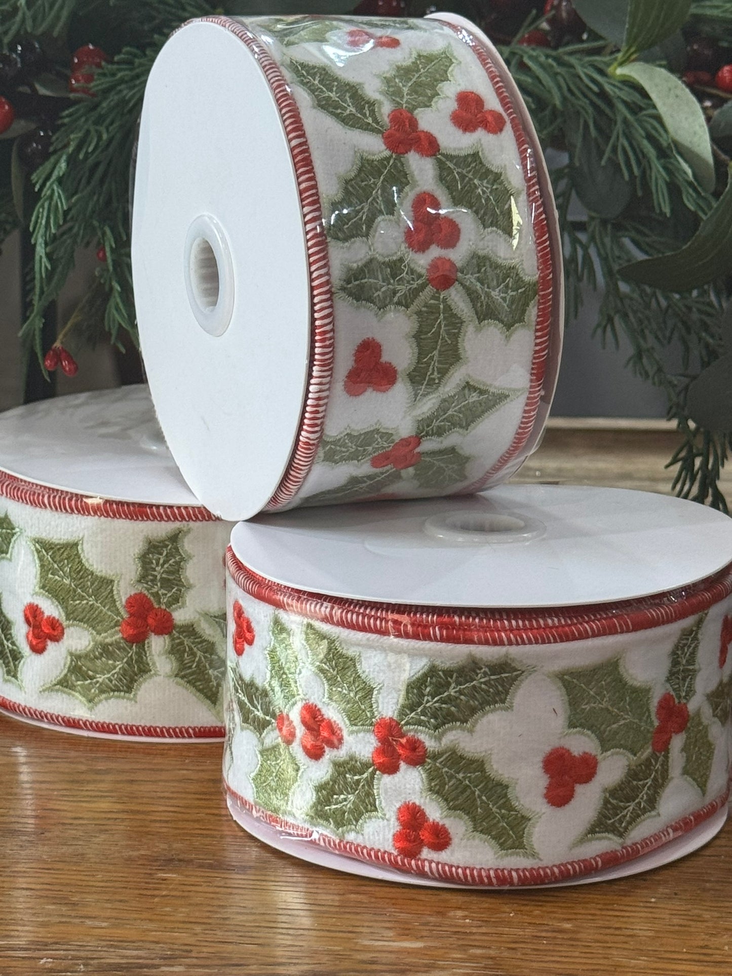 2.5" Embroidered Holly Ribbon for Christmas Bows & Décor – White, Red & Green