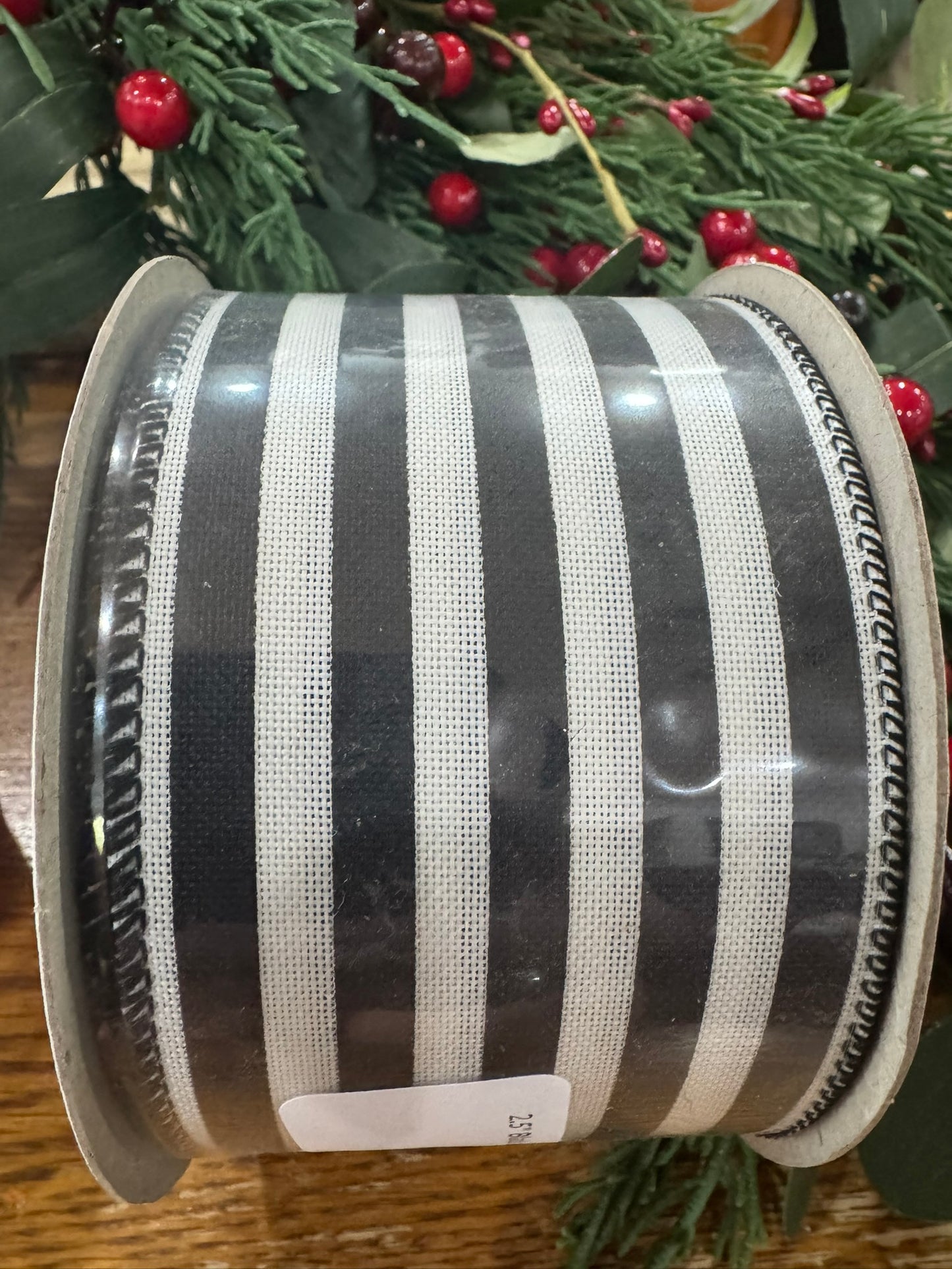 2.5" Black and White Stripe Wire Edge Ribbon