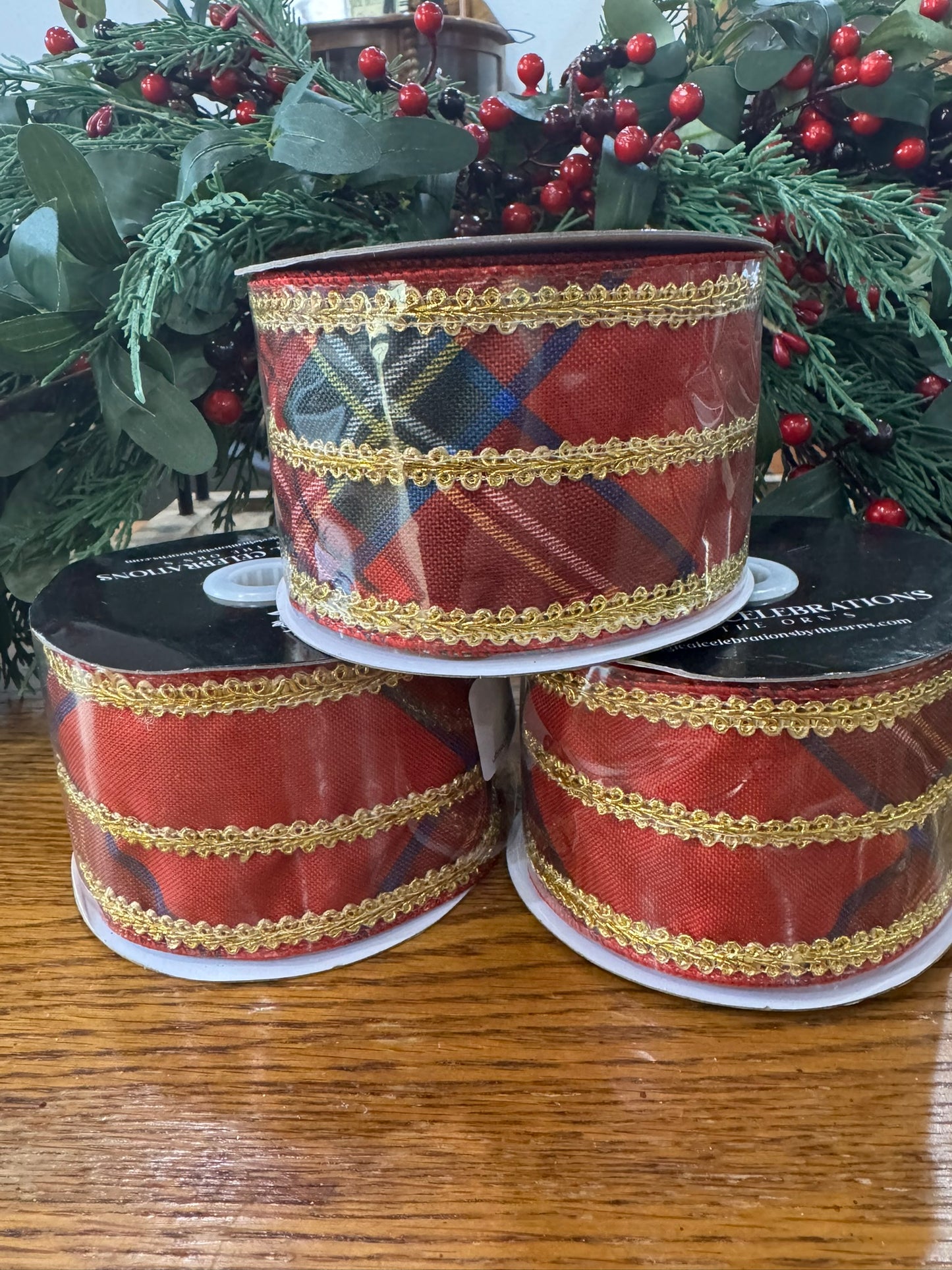 2.5" Plaid Wire Edge Ribbon w/Gold RickRack Design