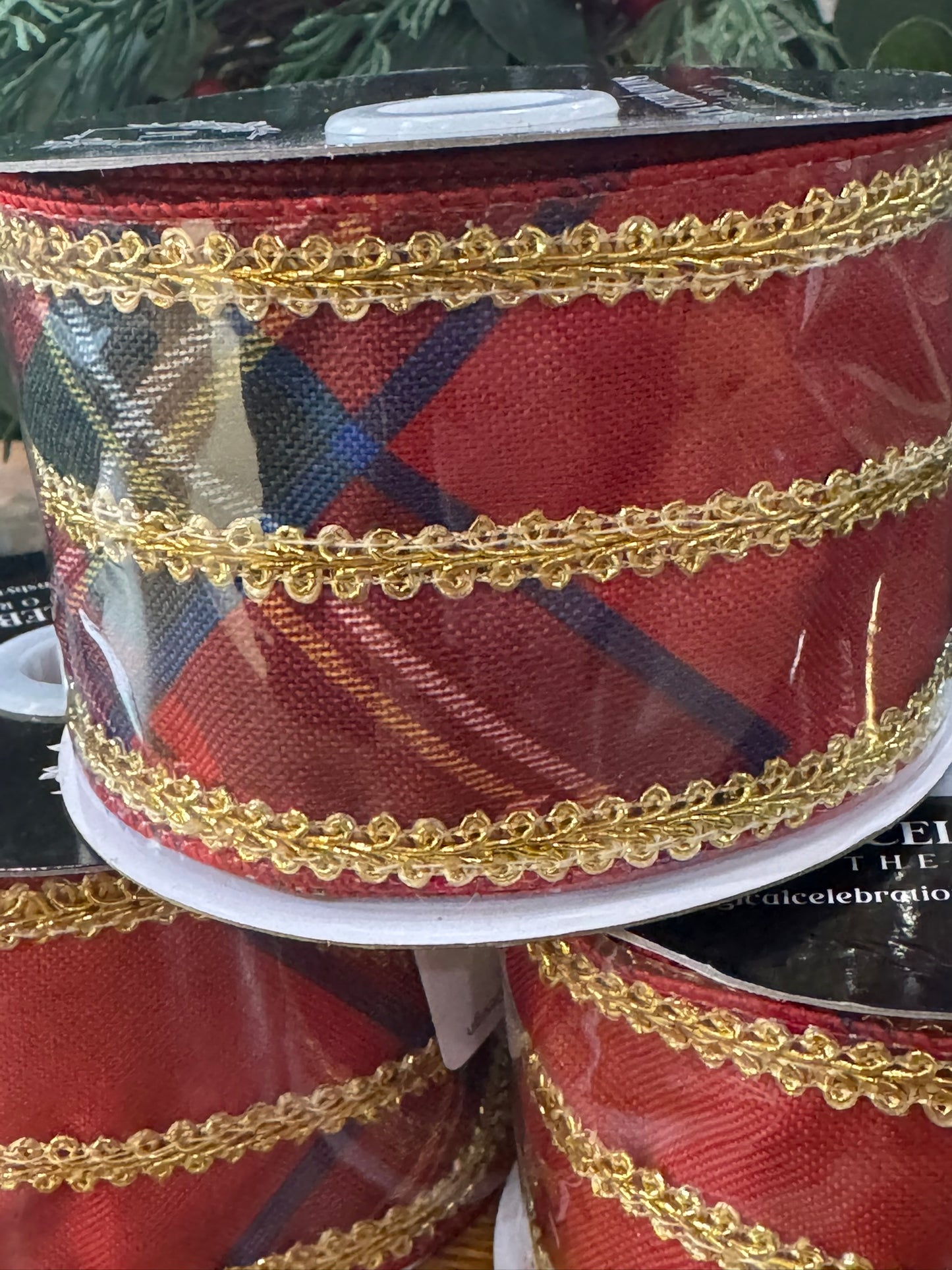 2.5" Plaid Wire Edge Ribbon w/Gold RickRack Design