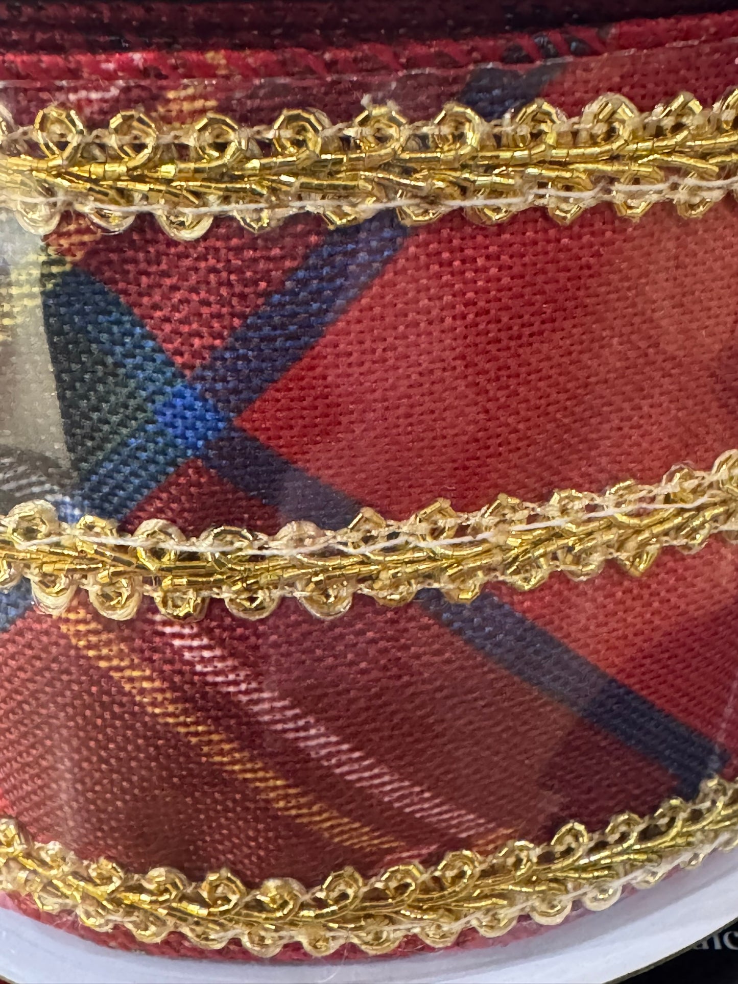 2.5" Plaid Wire Edge Ribbon w/Gold RickRack Design