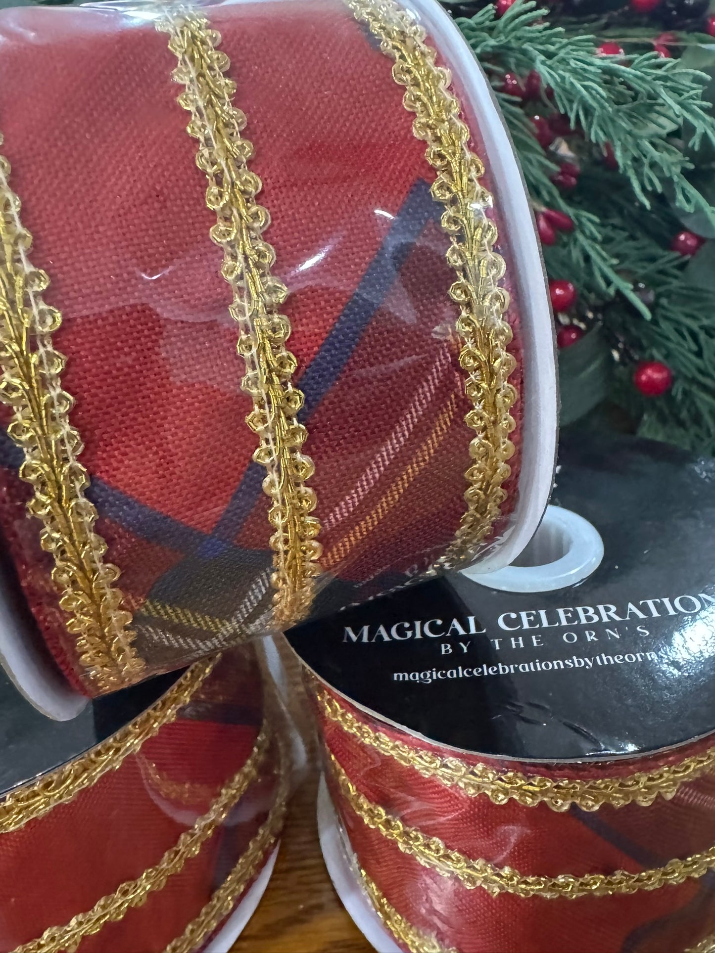 2.5" Plaid Wire Edge Ribbon w/Gold RickRack Design