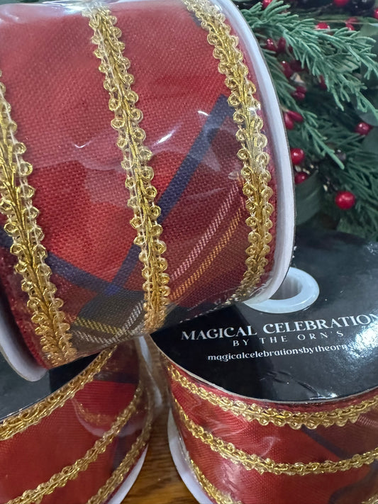 2.5" Plaid Wire Edge Ribbon w/Gold RickRack Design