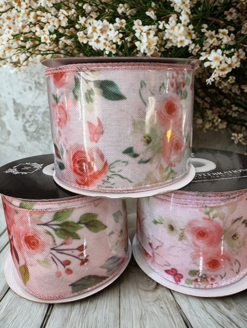 2.5in Spring Peony Flower Wire Edge Ribbon