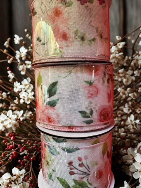 2.5in Spring Peony Flower Wire Edge Ribbon