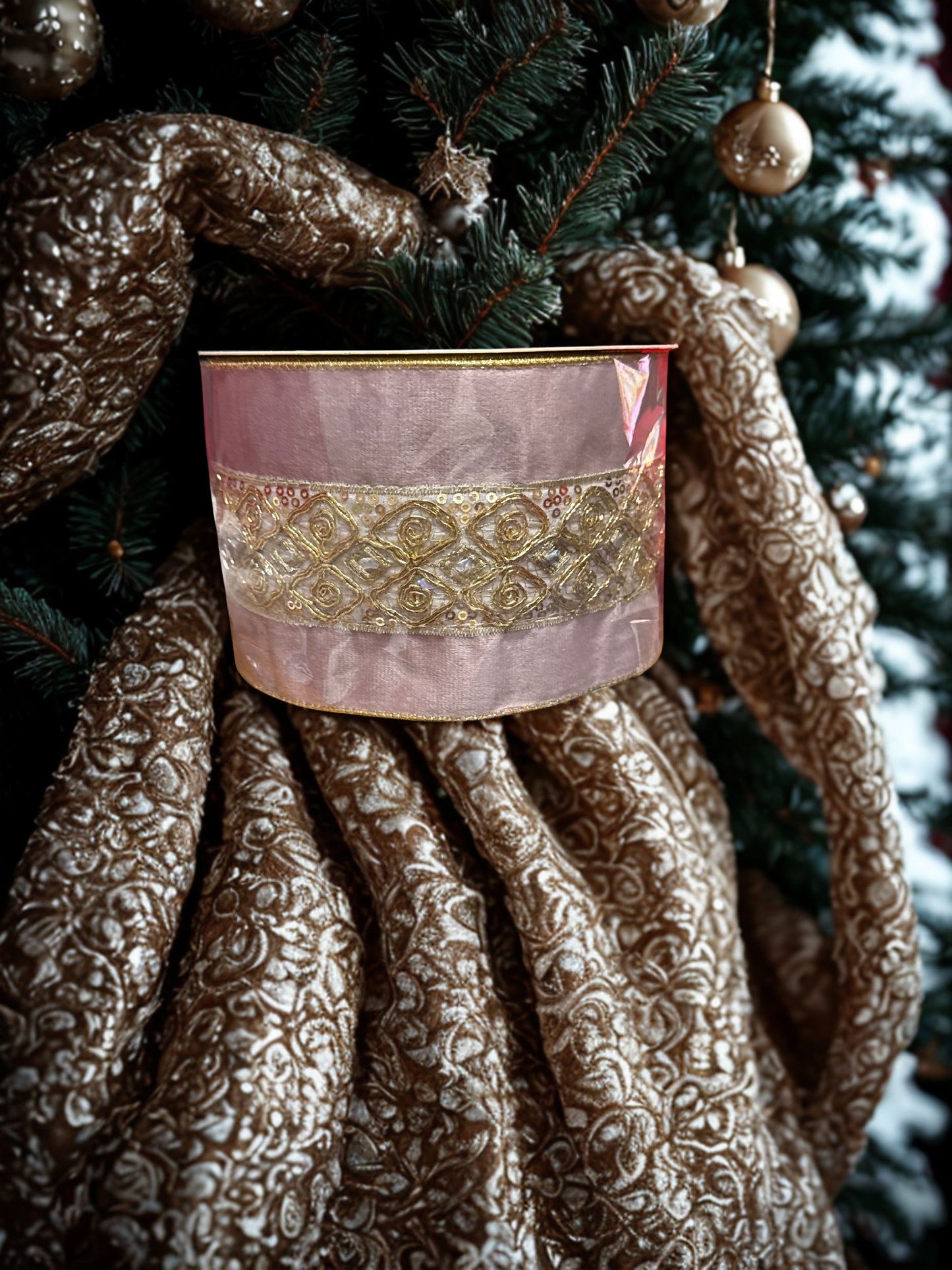 Pink Velvet Ribbon with Gold Embellishments & Sequins – 4" x 10 Yards