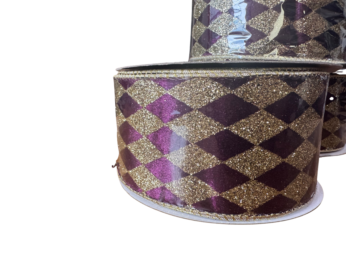 2.5" Deep Purple & Gold Glitter Harlequin